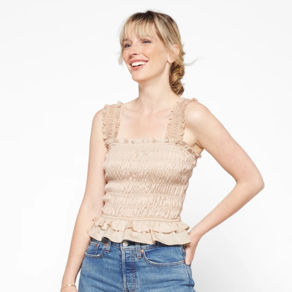 Heatherly Ryder Smocked Crop Blouse, Small, Beige